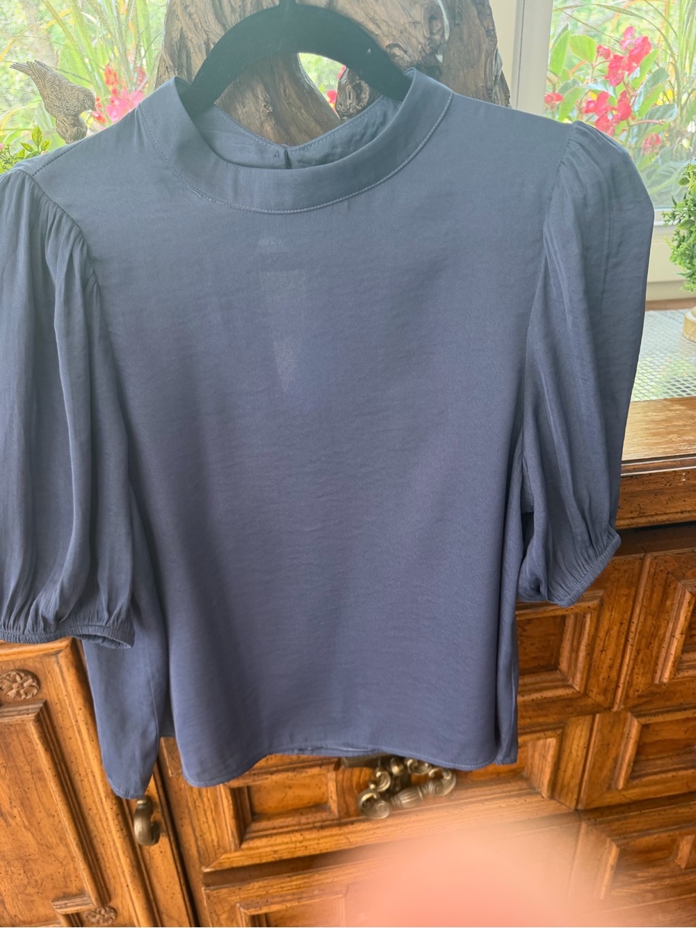 Mock Neck Puff Sleeve Blouse in Slate Blue